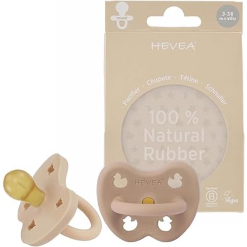 HEVEA Natural Rubber Pacifier Round 3-36 Months – Hygienic One Piece Design for Newborns to Toddlers, BPA-Free, Soft & Durable – 2-Pack (Sand & Tan Beige)