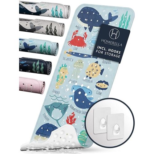 Homerella Baby Bath Tub Mat | Anti Mold Mildew Resistant Non Slip Kids and Adult Bath Tub Shower Mats | 40x16 inch Long with Suction Cups for Secure Grip Hooks for Storage & Drying | Machine Washable