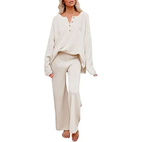 Pink Queen Women's 2 Piece Outfit Set Long Sleeve Button Pullover Sweater Top and Wide Leg Pants Knit Sweatsuit
