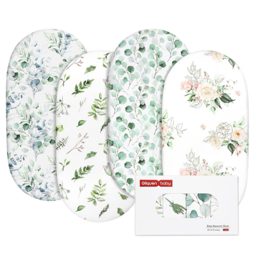 Gllquen Baby Bassinet Sheets 4 Pack, Breathable Cozy Fitted Mattress Sheet, Elastic Travel Crib Fashionable Floral Pattern, Standard Cradle Safe Sheets for Baby Boy Girls 32"X16"(Greenery)