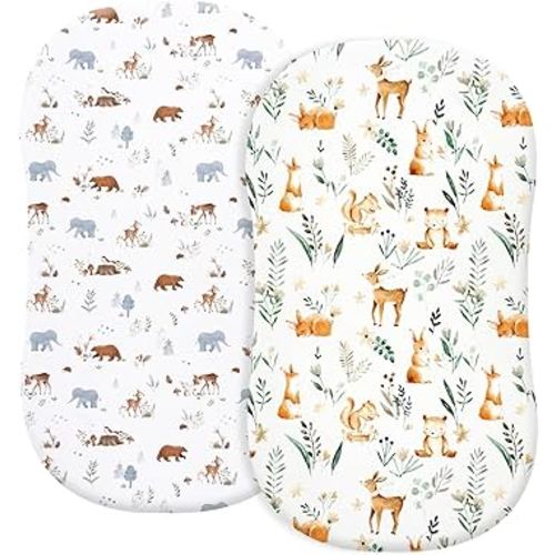 PHF Soft Bassinet Sheet Set, 2 Pack Silky Comfy Breathable Cradle Sheets for Baby Boys Girls, Univeral Fit for Most Oval Rectangle Cradle and Bassinet Mattress/Pad, Woodland