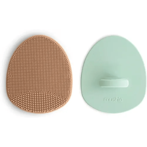 mushie Baby Bath Cradle Cap Brush | Soft Silicone Bristles for Dry Skin, Eczema, & Cradle Cap Treatment | 2-Pack (Natural/Cambridge Blue)