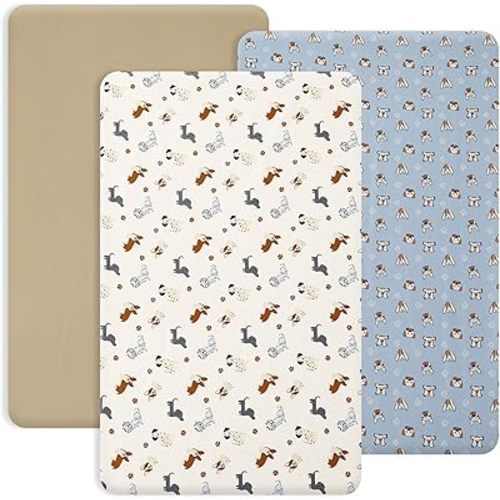 PHF 3 Pack Soft Mini Crib Sheets, Pet Dogs Pack N Play Sheets for Baby Boys Girls, No Slip Universal Fit for Pack N Play, Playard, Portable and Mini Crib Mattresses, Pet Dogs