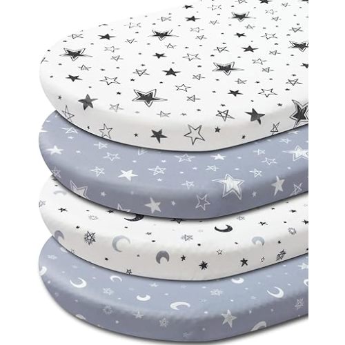 4 Pack Star and Moon Neutral Unisex Fitted Baby Sheets Set for Baby Boys or Girls (Bassinet Sheets)