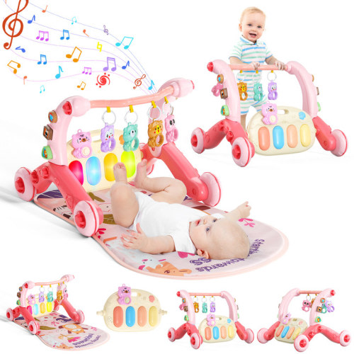 WonderStone 5-in-1 Baby Gym Play Mat & Learning Walker, Activity Center with Portable Light-up Piano Panel for Toddlers Ages 0-3, Pink
