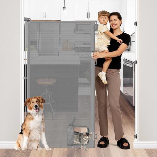 60 Inch Extra Tall Pet Gate with Cat Door - No Jumping Over, 55" Wide Mesh Baby Gate Retractable Dog Gate Indoor/Outdoor, 5ft Tall Dog Gates for Doorways Mesh Baby Gate for Hallway, Gray