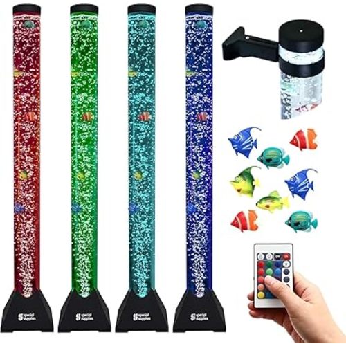 Special Supplies Aquarium Sensory Fish Bubble Light Tube with 16 LED Color Changing Nightlight Effect, Remote Control, and 8 Fishes, Colorful Floor Standing Lamp for Kids and Adults (4 feet)