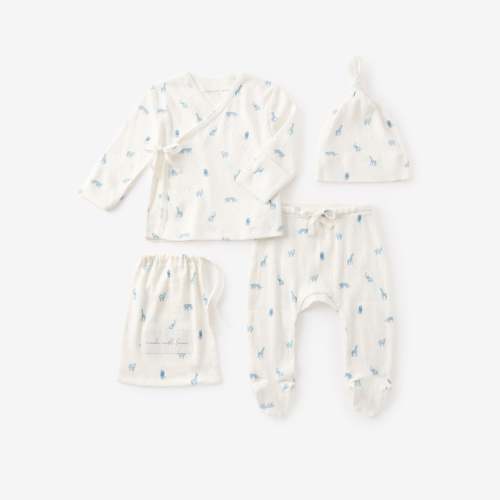 Blue Safari Print Organic Cotton Pointelle Layette 3 Pc Gift Set – Elegant Baby