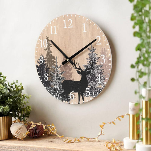 Millwood Pines Cabin Deer Wall Clock 12 Inch Silent Non Ticking Clock Wooden Forest Wildlife Mountain Lodge Wall Clock Battery Operated Rustic Farmhouse Wall Clock | Wayfair