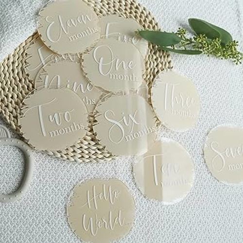 UNIQOOO Baby Milestone Photo Prop Cards - 13 Pieces, 1/16 Inch Thick Acrylic, Beige Color, One Year