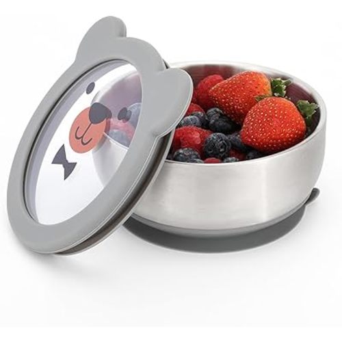 MR. CHOU Baby Bowls with Non-Slip Silicone Suction Cup, Insulated Double-Layer 304 Stainless Steel Toddler Bowls with BPA Free Airtight Lids, Food-Grade Silicone Safe for Kids (Gray)