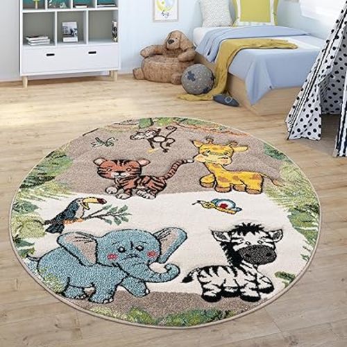 Paco Home Nursery Rug for Kids - Jungle Animals Giraffe Lion Monkey in Beige, Size:3'11" Round