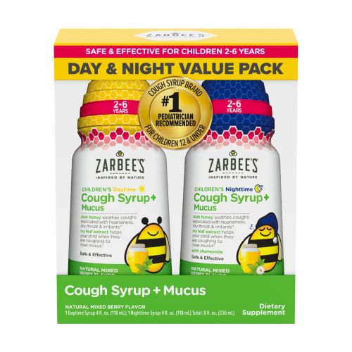 Zarbee's Kids Cough + Mucus Day/Night with Honey, Ivy Leaf, Zinc & Elderberry, Mixed Berry, 2x4 fl oz