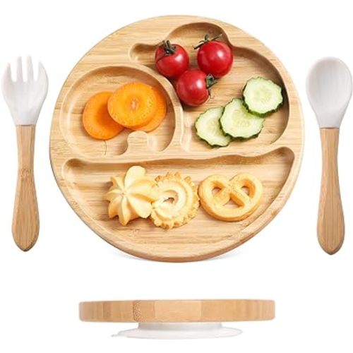 Suction Plates for Baby & Toddler, Bamboo Divided Platter Feeding Dishes with Silicone Fork& Spoon, All-Natural Baby Food Plate Stays for Baby-Led Weaning, Non-Slip Design