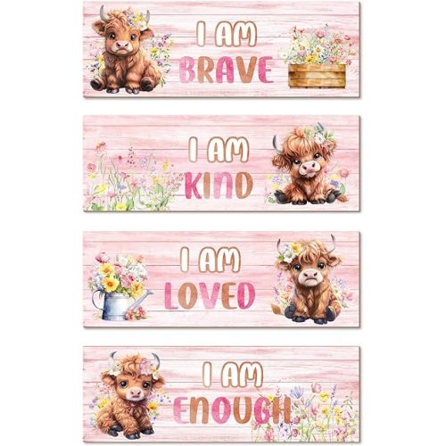 4 Pcs Highland Cow Girls Bedroom Wall Decor Pink Cow Wall Art Wildflower Watercolor I Am Loved Wooden Wall Decor Inspirational Quote for Toddler Girl Nursery Room Hanging Decor
