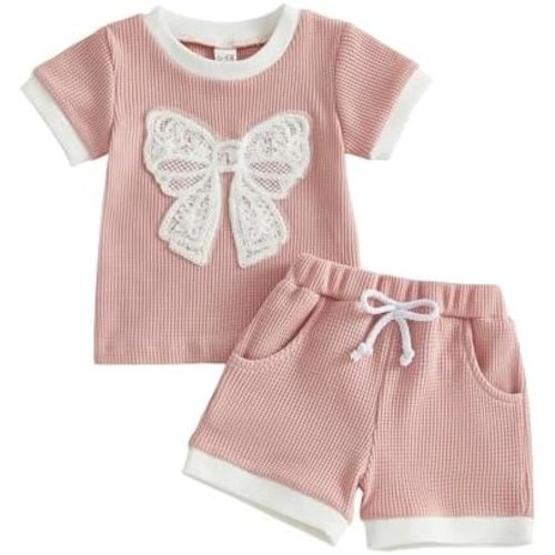 Lamuusaa Toddler Baby Girl Clothes Summer Short Sleeve Bow Embroidery T-shirt Waffle Basic Shorts 6 12 18 24 Months 2t 3t