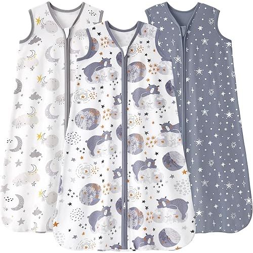 Baby Sleep Sack 12-18 months, 100% Cotton Sleeping Sack for Newborn and Infant, 3 Pack Baby Wearable Blanket for Boy and Girl, 0.5 Tog Lightweight Double Zipper Sleep Bag Grey Moon Bear