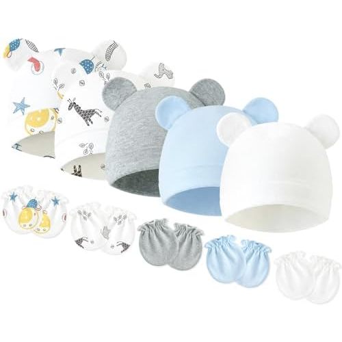 Newborn Baby Hats and Mittens Set, Cotton Infant Baby Boy Girl Bear Ears Caps and Mittens for 0-3 Months