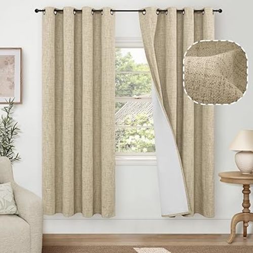 Blackout Living Room Curtains 72 Inch Long 2 Panels, Textured Black-Out Faux Linen Curtains for Bedroom Light Blocking, Bronze Grommet Thermal Insulated Window Drapery, Each 52" Wide, Burlap