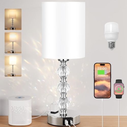 Touch Bedside Crystal Lamps for Bedrooms Nightstand with USB C+A Charging Port and AC Outlet White, 3 Way Dimmable Silver Small End Side Table Lamp for Living/Guest/Dinning Room/Kitchen