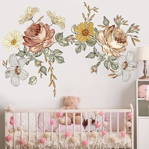 Fanwaoo Vintage Peony Flower Wall Stickers Boho Roses Wall Decals Floral Butterfly Wall Art Decor for Living Room Bedroom Sofa TV Wall Decor, FW087