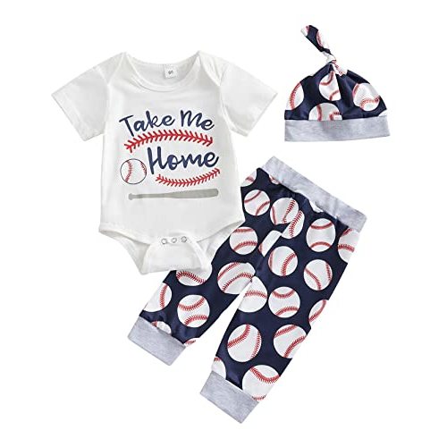 Toddler Baby Boy Baseball Outfit Funny Letter Short/Long Sleeve Bodysuit Romper+Long Pants+Hat Coming Home Clothes
