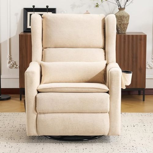 Swivel Rocker Recliner for Adults, Glider Recliner Nursery Chair with Adjustable Headrest, Manual Rocker Recliner with Cup Holder and Side Pockets, Beige