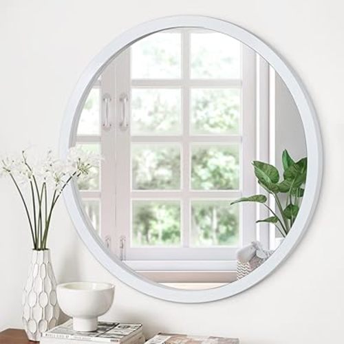 JJUUYOU Circle Wall Mirror 16 Inch Round Wall Mirror for Bathroom, White Farmhouse Mirror Washroom Wall Mounted Wood Frame Mirror for Living Room, Bedroom, Dorm