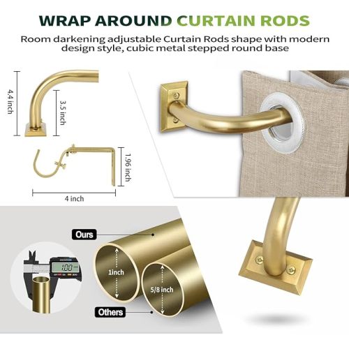 Gold Wrap Around Curtain Rods,Gold Curtain Rods for windows 48 to 84 Inch(4-7Ft),Adjustable Blackout Curtain Rod,1 Inch Diameter Window Curtains Rod,Room Darkening Drapery Rods 48-90",Brushed Gold