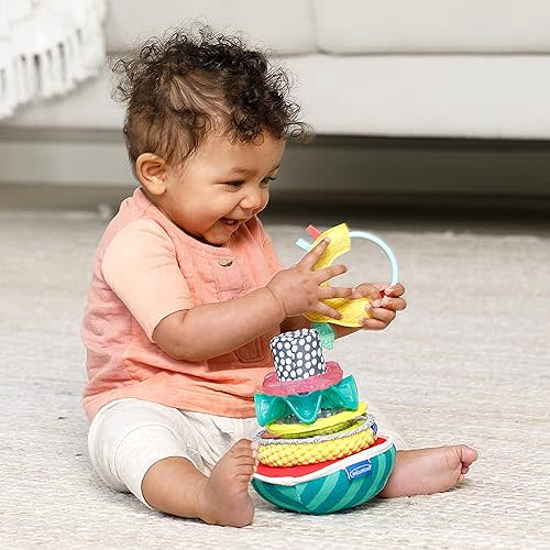 Infantino Sensory Stacking Rings - 5 Multi-Function Toys and Wobble Base, Teethers, Selfie Mirror, Rattle, Encourages Cognitive and Fine Motor Skill Development, for Infants and Toddlers 6M+