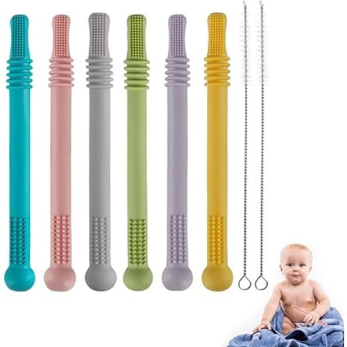 Hollow Teether Tubes, 6 Pack Chew Straw Toy for Infant Toddlers Silicone Teething Toys for Babies, 0-6 Months 6-12 Months BPA Free/Freezable/Dishwasher and Refrigerator Safe
