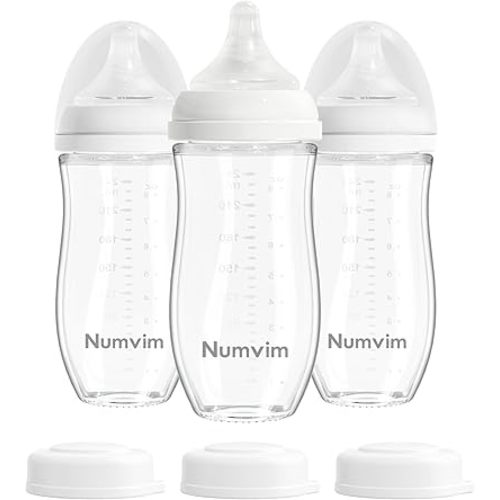 Glass Nurturing Baby Bottles for Breastfeeding Babies, Baby Essentials, Gentle Medium Flow, Wide Neck Bottle with Anti Colic Nipple for 3 Months Babies, 3 Packs (White, 8oz)
