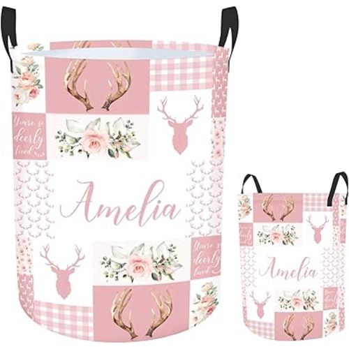 Custom Name Deer Laundry Baskets, Personalized Pink Laundry Basket for Kids & Adults, 2 Sizes Storage Organizer