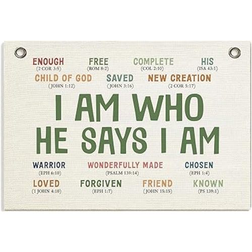 Christian Wall Decor Banner, Inspirational Religious Bible Verse Decor, Canvas Hanging Flag Banner Wall Poster Sign, Positive Growth Mindset Quotes for Kid's Room Classroom Homeschool -I Am Who He Says I am