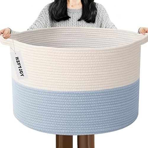 65L Extra Large Woven Cotton Rope Blanket Basket with Handles, Laundry Hamper Storage Bin for Pillows, Comforters,Clothes, Toys, Nursery, Bedroom and Living Room Organization,White&Blue