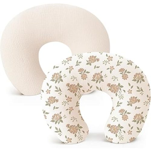 Konssy 2 Pack Muslin Nursing Pillow Covers, Soft and Adorable Nursing Cover for Breastfeeding Pillows, Pillow Slipcover for Baby Girls Boys Newborn(Oat, Blush Blossom)
