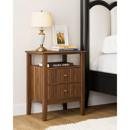 Fluted Nightstand, Farmhouse Night Stand with 2 Drawers, Mid Century Modern Side Accent Table,Bedside End Table for Bedroom, Living Room, Brown