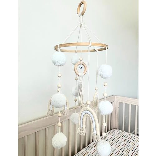 Boho Baby Mobile for Crib - Rainbow Boho Nursery Decor for Girl or Boy - Neutral Wooden Hanging Mobile for Bassinet and Crib - Handmade with Bell for Soothing Stimulation – Perfect Baby Shower Gift