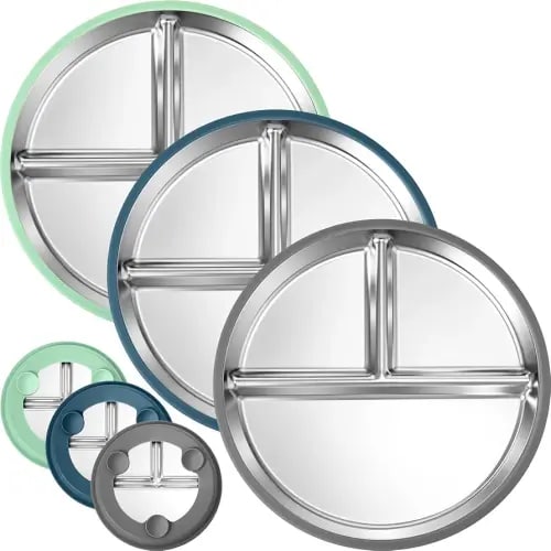 BUSOHA 3 Pack Stainless Steel Kids Plate Set - 9” Divided Toddler Baby Plates with Silicone Sleeves with Suction 2-in-1 Anti Breakage Metal Toddler Bowls Microwave Dishwasher Safe