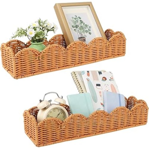 2 Set Nursery Book Shelves Scalloped Plastic Artificial Rattan Classroom Wall Shelf 15.8 Inch Wall Mounted Floating Bookshelve, Hanging Boho Wicker Woven Shelf for Bedroom Farmhouse Decor (2, Brown)