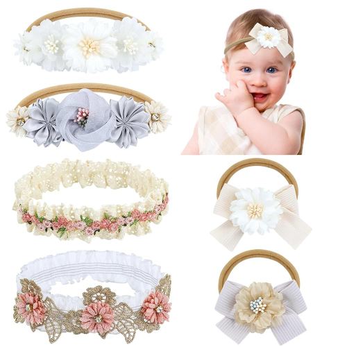 6 Pieces Super Soft Stretchy Gray Khaki White Baby Girl Bow Flower Nylon Headbands Floral Lace Headbands Hair Accessories for Newborns Infants Toddlers Girls Kids