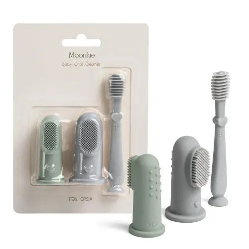 Moonkie Baby Finger Toothbrush Tongue Oral Cleaner Kit for 3 Months +, 3 Pcs (Blue/Mint/Blue)