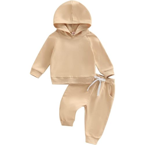 Thorn Tree Infant Baby Boys Pants Set Hooded Solid Sweatshirt Top Pocket Elastic Waist Pants 2Pcs Outfits Fall Winter Suit - Beige - 3-6 Months