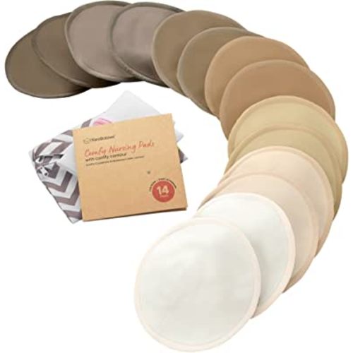Organic Bamboo Nursing Pads - 14 Washable Breastfeeding Pads, Wash Bag, Reusable Breast Pads for Breastfeeding, Nipple Pads for Breastfeeding, Breastfeeding Essentials (Coffee, L 4.8")