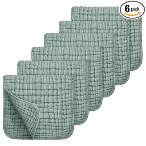 Looxii Muslin Burp Cloths 6 Pack - 20" x 10" - Ultra Soft & Absorbent, 6-Layer 100% Cotton for Spit Up & Drool- Gentle Baby Burping Cloth, Newborn Boys Girls Essentials, Dark Green