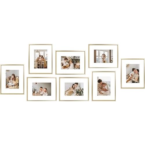 Golden State Art, 8x10 Gold Picture Frame Display Photo 5x7 with Mat or 8x10 Without Mat for Wall Mounting Aluminum Frames with Real Glass (Pack of 8)