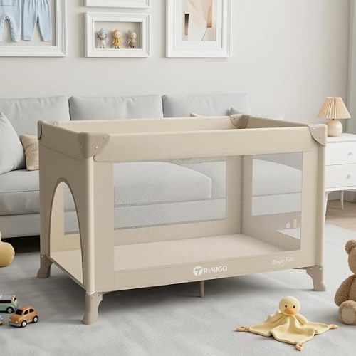 Baby Playard, Portable Travel Crib,Baby Playpen - Baby Safe Folding Travel Bed w/Mattress, Breathable Mesh | Compact Lightweight Baby Bed for Babies & Toddlers (Khaki)