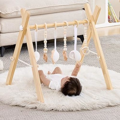 Foldable Wooden Baby Play Gym, Activity Center with 6 Sensory Hanging Toys Natural Wood Montessori Toys for Babies Indoor Gym, No-Tool Assembly Newborn for Infant Motor Development