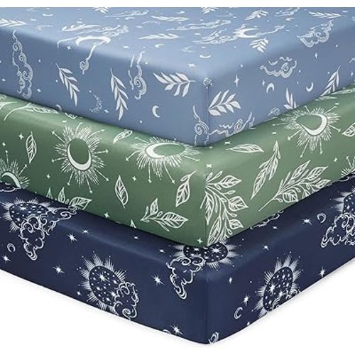 Baby Crib Sheets for Boys and Girls, 3 Pack Fitted Toddler Bed Sheets Neutral for 52”x28” Standard Crib and Toddler Mattresses, Super Soft Microfiber Green Starry Sky