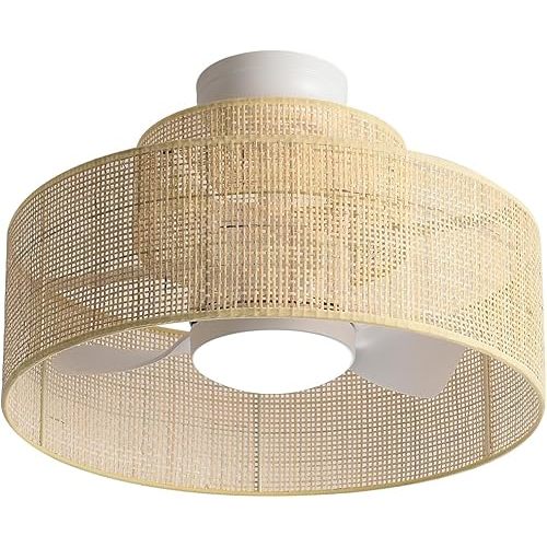18W LED 21 Inches Dimmable Bamboo Rattan Chandelier Fandelier with Remote Control .Farmhouse 3 Blade Ceiling Fan with Light.Bohemian Woven Semi Flush Wooden Drum Fixture for Bedroom Kitchen